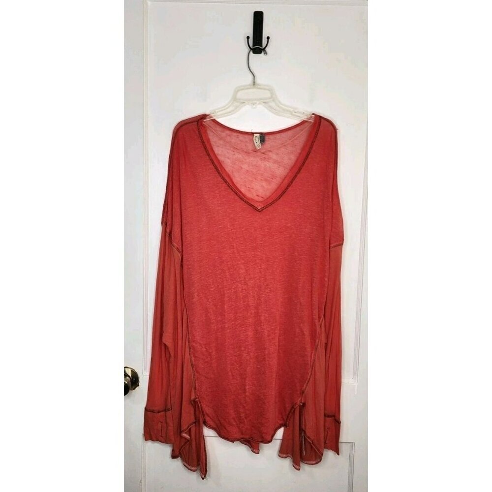 Sz Small We The Free People Linen Blend V-Neck Oversized Top Thumbholes Coral